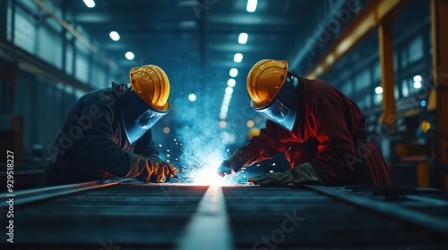 Workers in safety gear welding metal structures in a dimly lit industrial workshop.