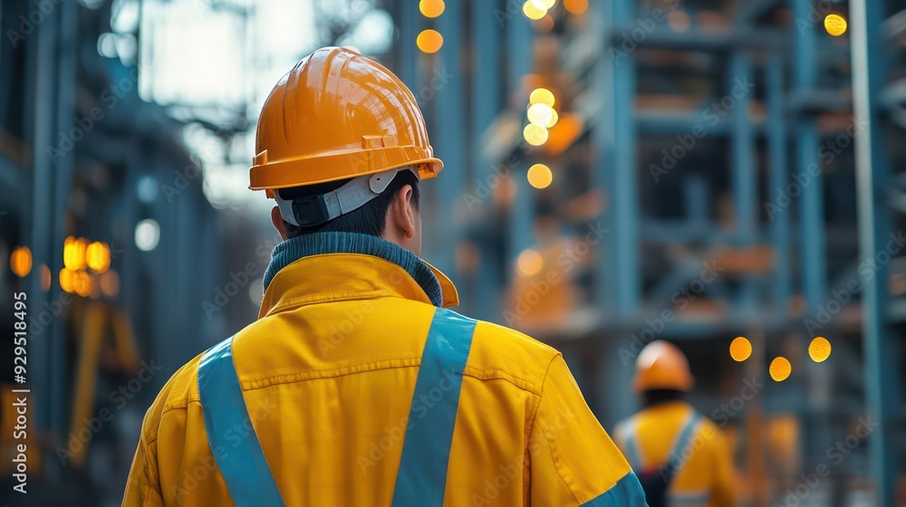 A Workers wearing helmets and safety gear on a construction site, emphasizing industrial safety. A Workers wearing helmets and safety gear on a construction site, emphasizing industrial safety.