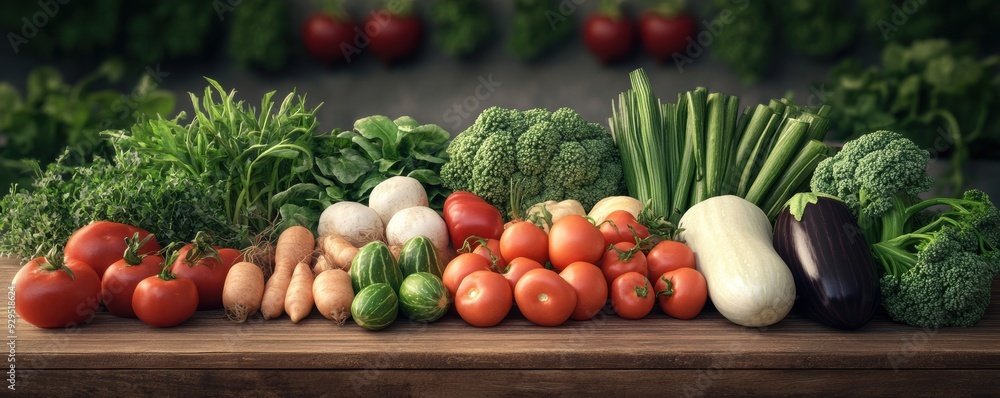 A vibrant assortment of fresh vegetables, including tomatoes, carrots, broccoli, and more, displayed on a wooden table, showcasing healthy eating and farm-to-table freshness. A vibrant assortment of fresh vegetables, including tomatoes, carrots, broccoli, and more, displayed on a wooden table, showcasing healthy eating and farm-to-table freshness.
