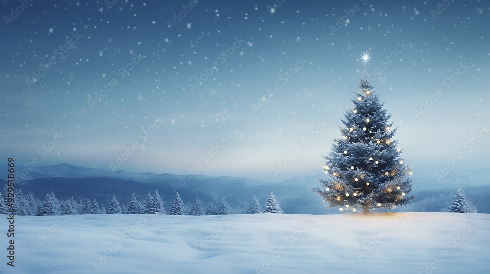 A serene winter landscape featuring a decorated Christmas tree amidst falling snow. A serene winter landscape featuring a decorated Christmas tree amidst falling snow.