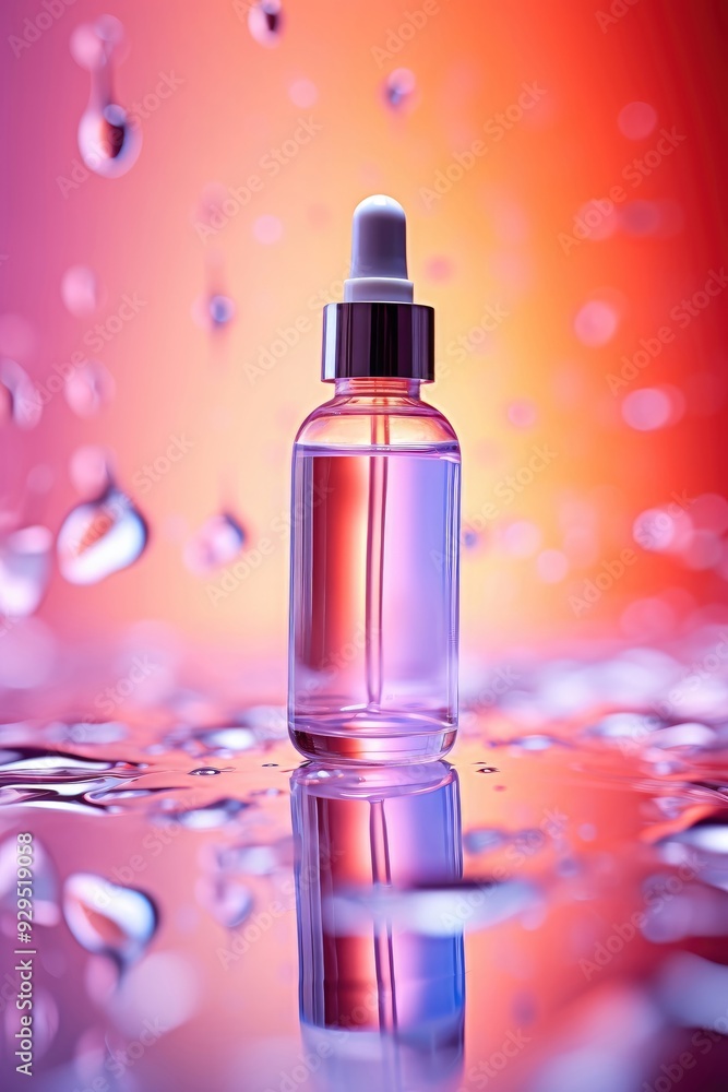 Bottle of moisturizing serum standing in the water waves on gradient pink and purple background. Skincare product, natural cosmetic. Beauty concept for face and body care. Minimal mockup template Bottle of moisturizing serum standing in the water waves on gradient pink and purple background. Skincare product, natural cosmetic. Beauty concept for face and body care. Minimal mockup template