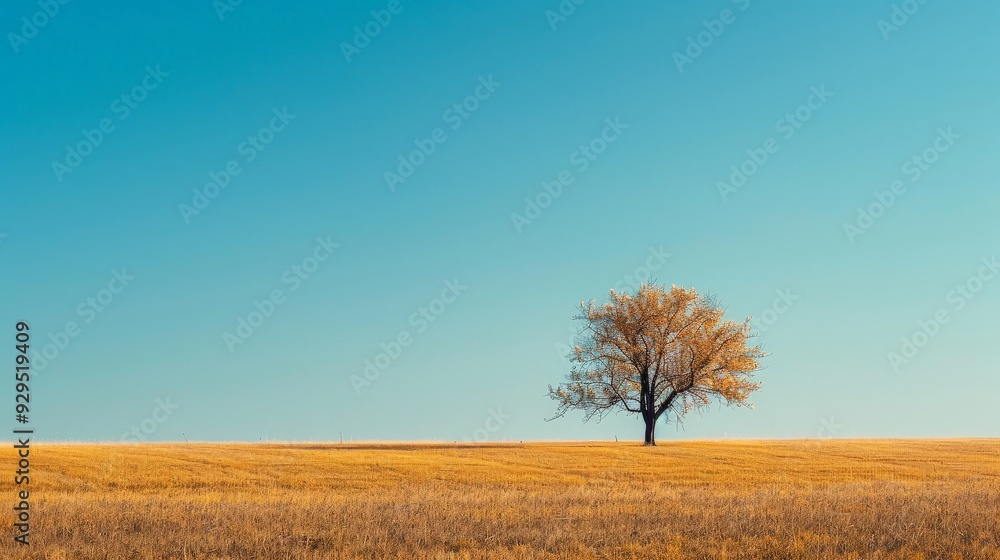 Fototapeta premium Lonely tree in a vast field under a clear blue sky during midday