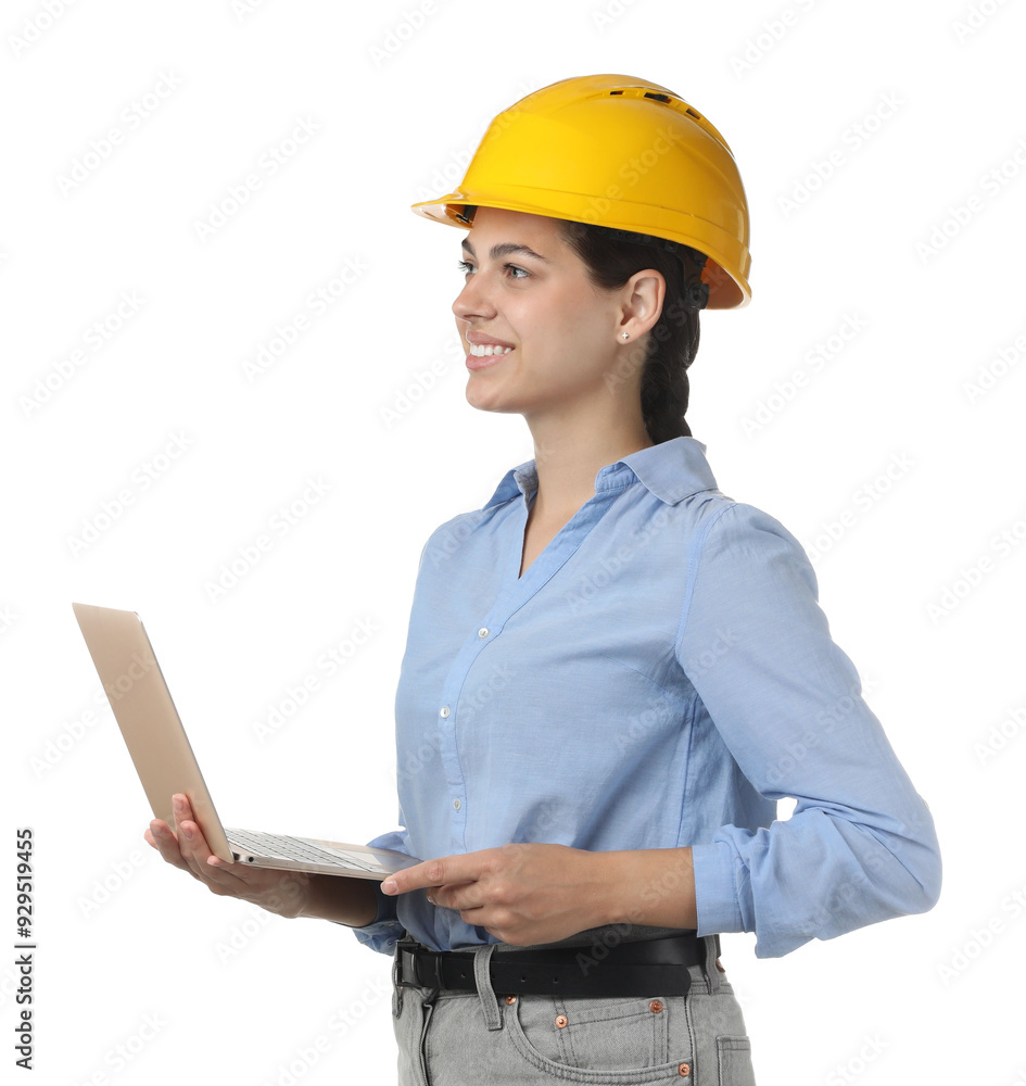 Engineer in hard hat with laptop on white background Engineer in hard hat with laptop on white background