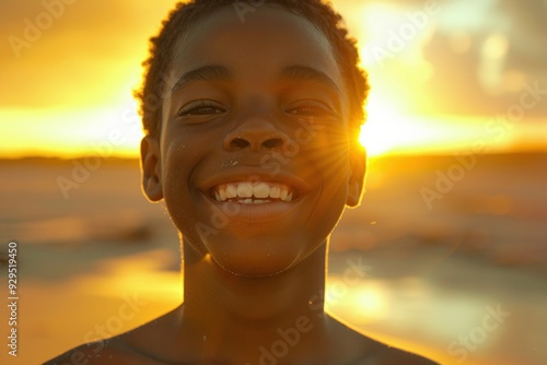 Radiant Smile, Youthful Joy A Portrait of Energetic and Playful Excitement at Sunset, Capturing the Essence of Childhood Delight