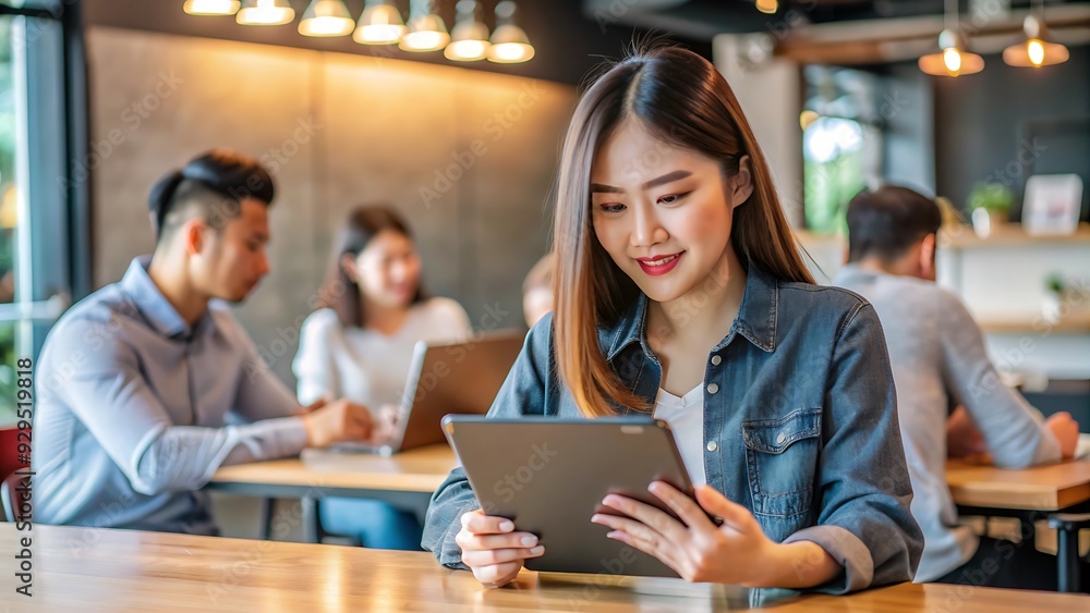 Young Woman Using Digital Tablet in Cafe. Young Woman Using Digital Tablet in Cafe.