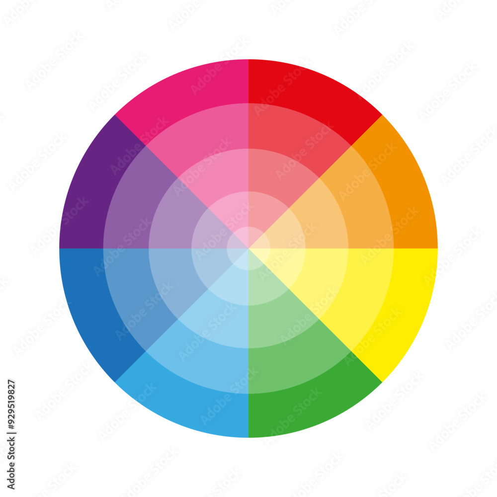 Color wheel illustration. Bright segmented circle. Rainbow spectrum design. Gradient blending effect. Color wheel illustration. Bright segmented circle. Rainbow spectrum design. Gradient blending effect.