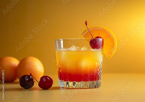 Tequila Sunrise cocktail served in a glass, garnished with orange slice and cherry, vibrant colors, professional photography, top angle view composition.

 photo