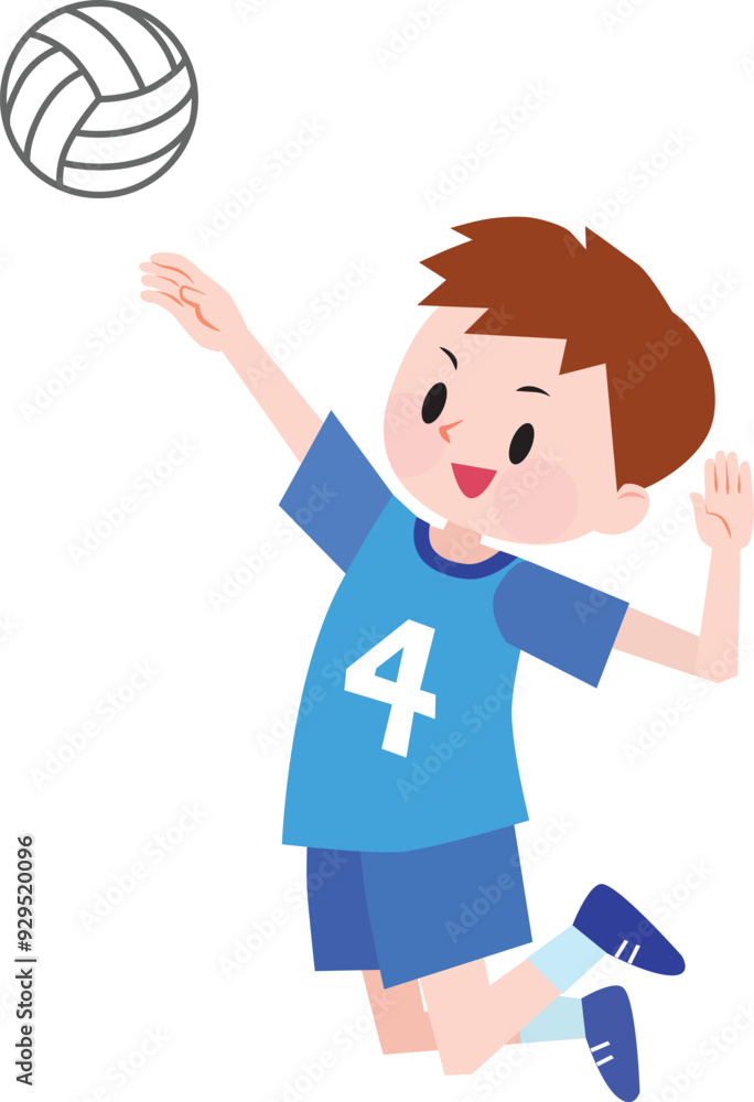 Illustration of a boy wearing blue jerseys playing volleyball. Spiking, jumping. Vector Illustration. Illustration of a boy wearing blue jerseys playing volleyball. Spiking, jumping. Vector Illustration.