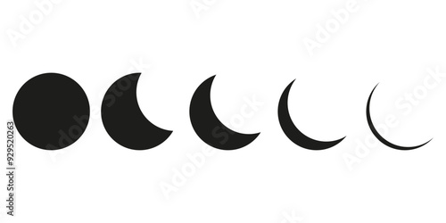 Moon phase icons. Five simple shapes. Black crescent design. Lunar cycle concept.