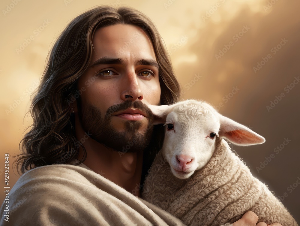 A Man with Long Hair Holding a Lamb Close to His Chest A Man with Long Hair Holding a Lamb Close to His Chest
