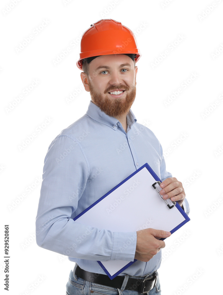 Engineer in hard hat with clipboard on white background Engineer in hard hat with clipboard on white background
