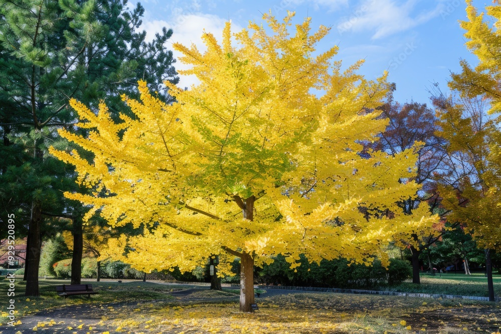 Naklejka premium A group of trees with vibrant yellow leaves, ideal for autumn or fall themed designs
