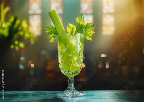 Glass of Virgin Mary cocktail garnished with a celery stalk, high-quality image showcasing the drink's vibrant colors and textures, top-down view composition. 

 photo