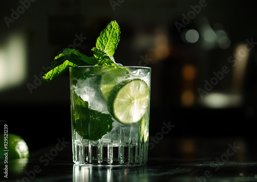 Virgin mojito glass filled with refreshing mint leaves and lime, presented against a clean background, professional drink photo, top-down view composition.  
 photo