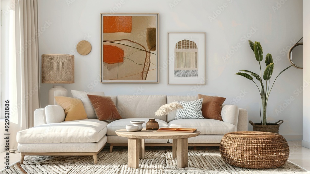 Fototapeta premium Modern Living Room with Beige Sectional Sofa and Natural Decor