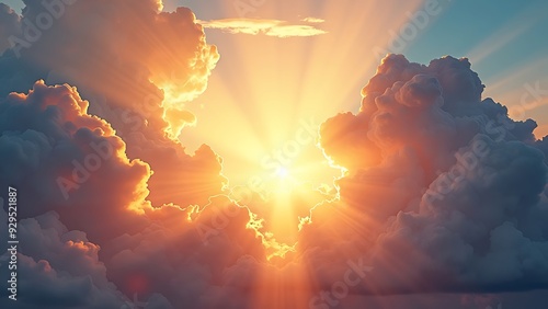 Majestic sky with divine light shining through the clouds, symbolizing faith and spirituality photo