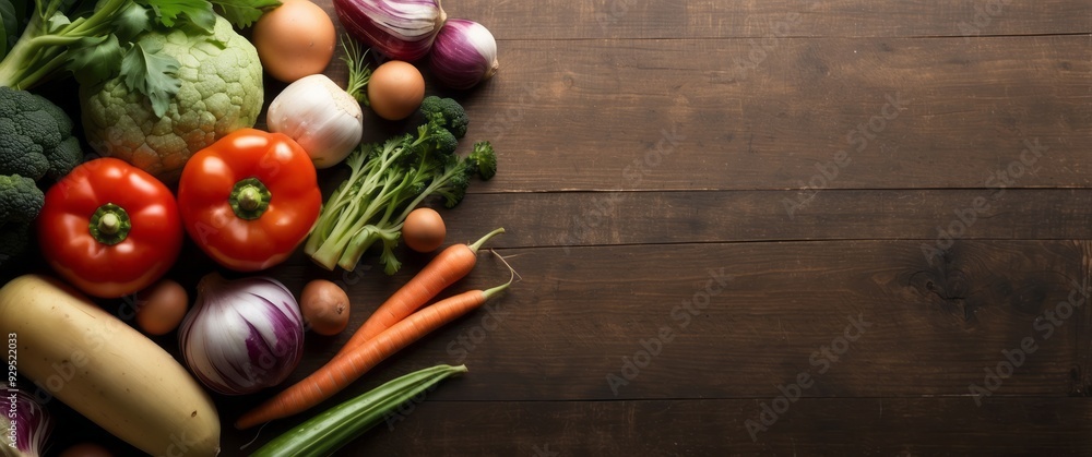 Fresh Produce and Eggs on a Rustic Wooden Tabletop Fresh Produce and Eggs on a Rustic Wooden Tabletop