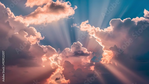 Majestic sky with divine light shining through the clouds, symbolizing faith and spirituality photo