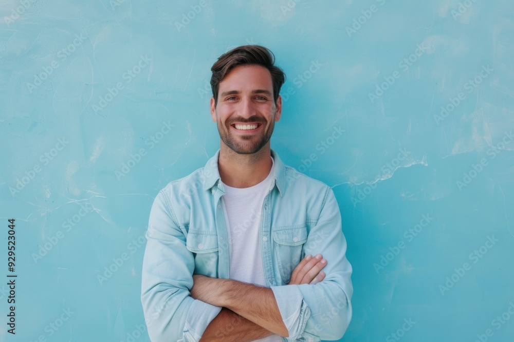 Confident young man with a charming smile standing in front of a vibrant blue wall with his arms crossed A fashionable and professional portrait full of positivity and style Confident young man with a charming smile standing in front of a vibrant blue wall with his arms crossed A fashionable and professional portrait full of positivity and style