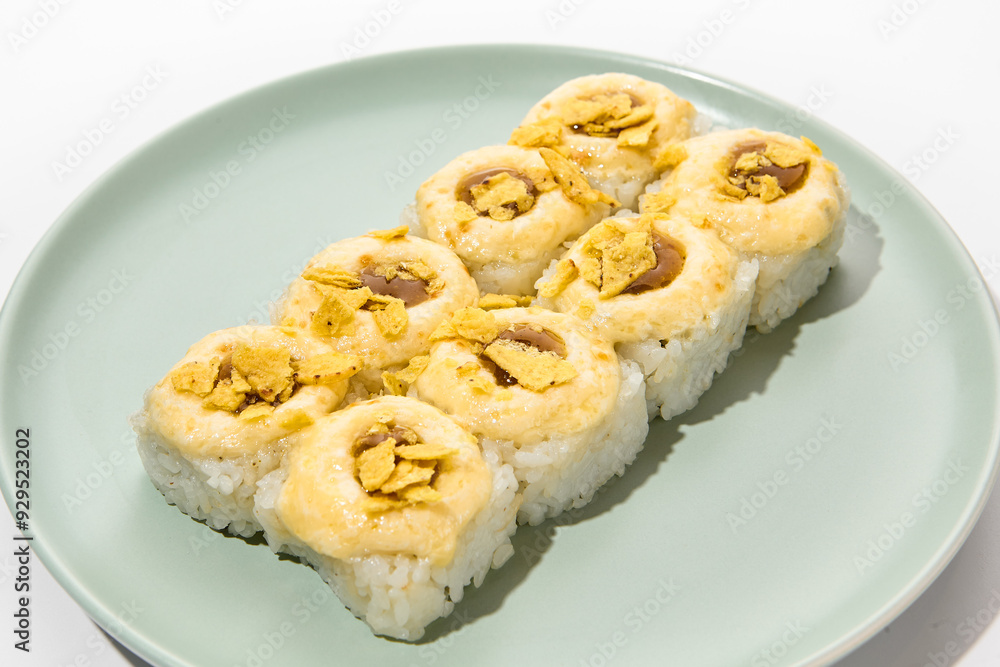 Baked Sushi Roll with Unagi Sauce, Cream Cheese, and Fried Onions Baked Sushi Roll with Unagi Sauce, Cream Cheese, and Fried Onions