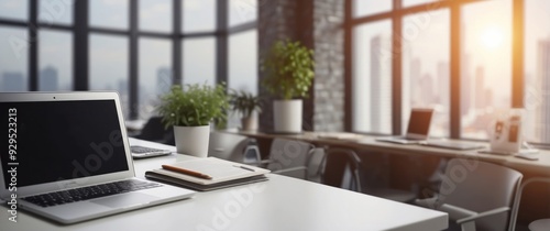 Laptop, Notebook, and Pencil on a Desk in a Modern Office with City Views