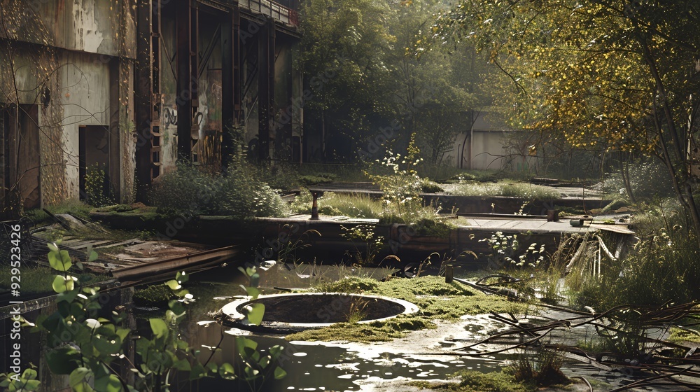 A serene yet eerie view of an abandoned industrial area overtaken by nature. A serene yet eerie view of an abandoned industrial area overtaken by nature.