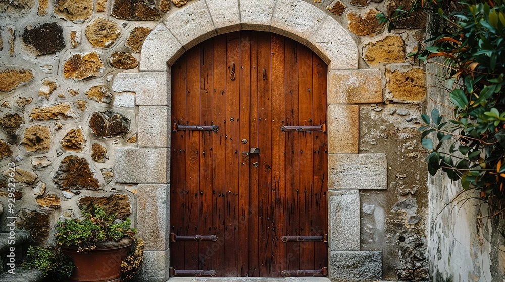 Old Wooden Doorway Framed by Stone and Foliage Old Wooden Doorway Framed by Stone and Foliage