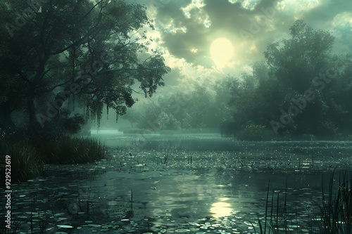 Wallpaper Mural A serene, misty landscape at twilight, featuring a calm water body and lush vegetation. Torontodigital.ca