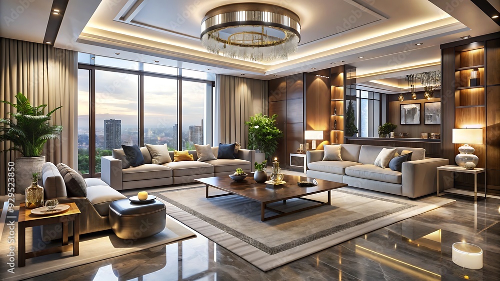 Modern living room interior design with city view. Modern living room interior design with city view.