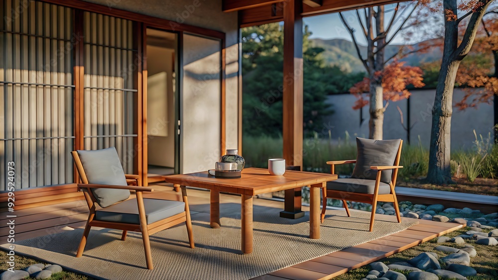 Obraz premium Tranquil Japanese Patio with Wooden Furniture and Stone Garden.