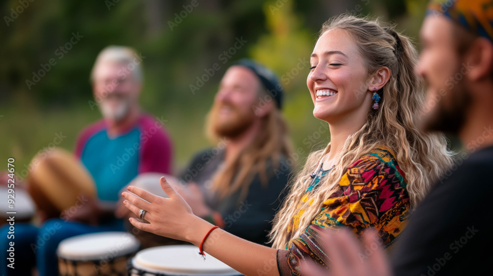 Group Enjoyment in Drum Circle at Sunset Event Group Enjoyment in Drum Circle at Sunset Event