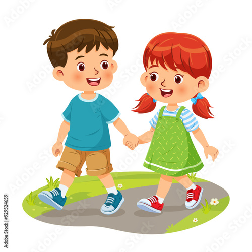 Vector illustration of cute boy and girl walking in the park with happy smiling faces