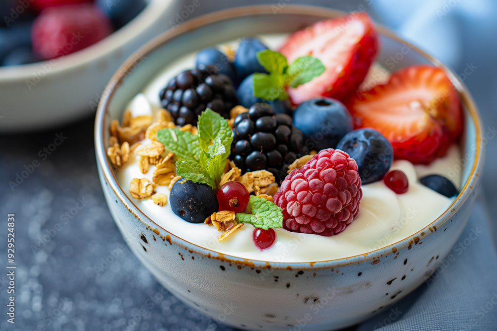 Miniature Bowl of Yogurt with Granola and Fresh Berries Miniature Bowl of Yogurt with Granola and Fresh Berries