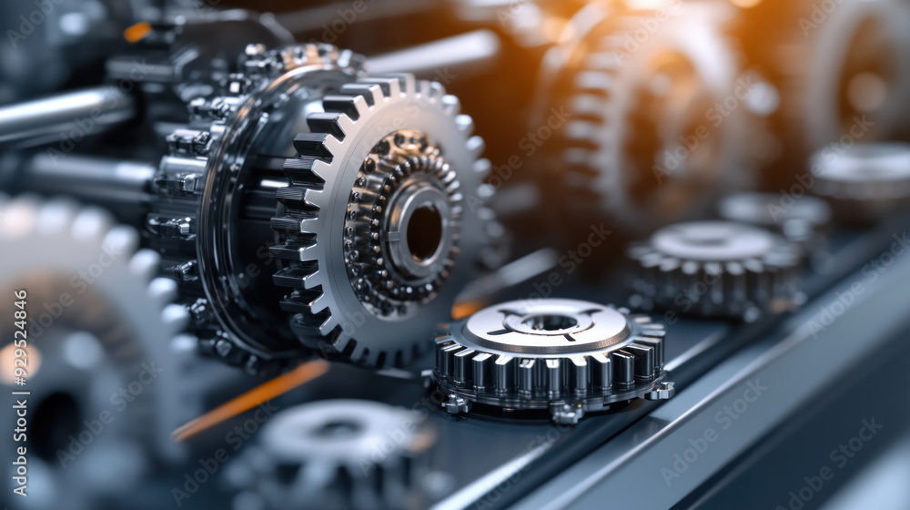 Fototapeta premium A row of gears are shown in a close up, with the center gear being the largest. The gears are all different sizes and are arranged in a way that they are all connected to each other