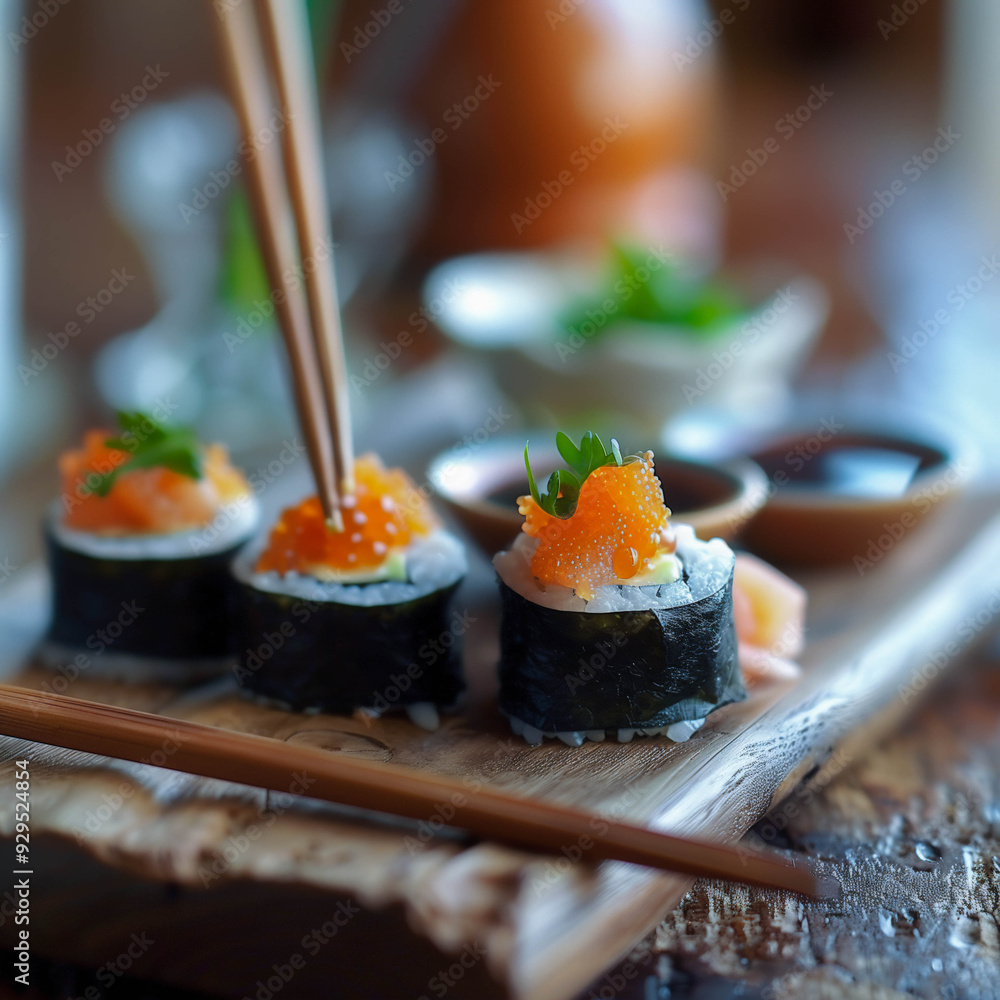 Sushi Rolls on Bamboo Mat with Soy Sauce and Greens Sushi Rolls on Bamboo Mat with Soy Sauce and Greens