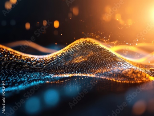 Abstract Digital Landscape with Glowing Particles and Waves in Blue and Orange Light