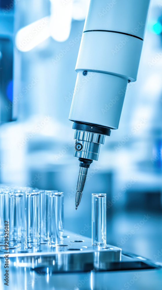 A robot is using a sharp tool to cut a tube. The robot is blue and white. The tubes are clear and are lined up in a row A robot is using a sharp tool to cut a tube. The robot is blue and white. The tubes are clear and are lined up in a row