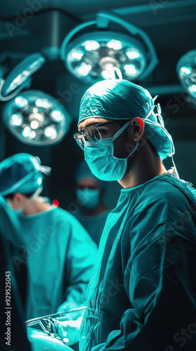 A man in a blue surgical outfit is standing in front of a lighted surgical table. He is wearing a mask and a hat. The scene is set in a hospital operating room