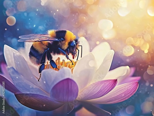 Stunning Macro Closeup of a Colorful Bumble Bee on White Lotus at Night, Moonlit Garden Scene with Rainbow Lens Flares and Sparkles, Symbolizing Nature's Beauty and Serenity. photo