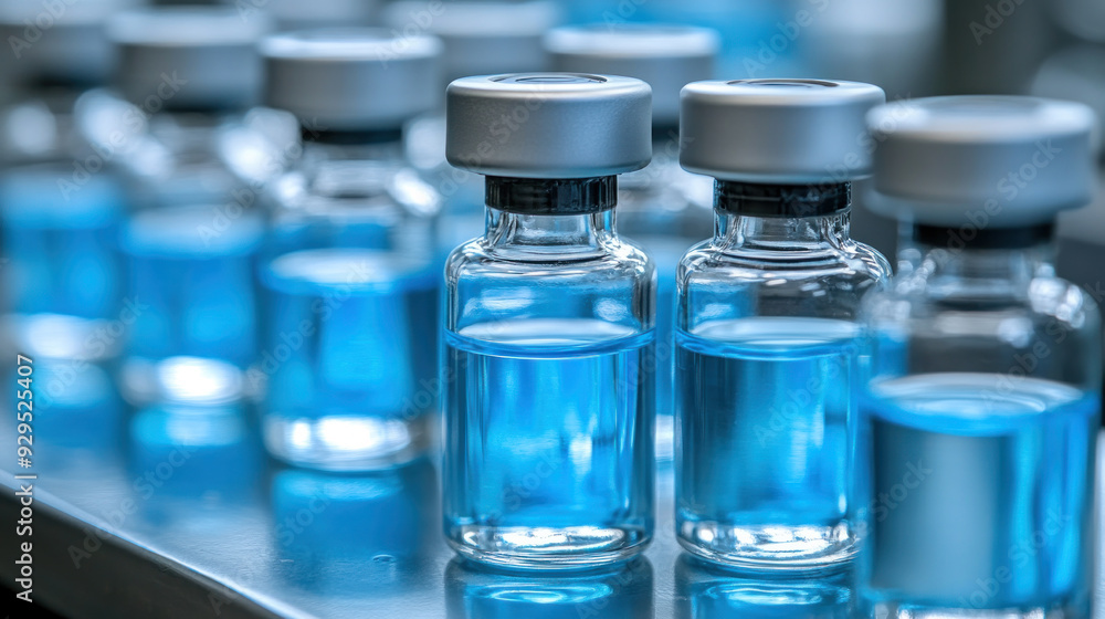 A row of blue bottles with a silver cap. The bottles are lined up on a table