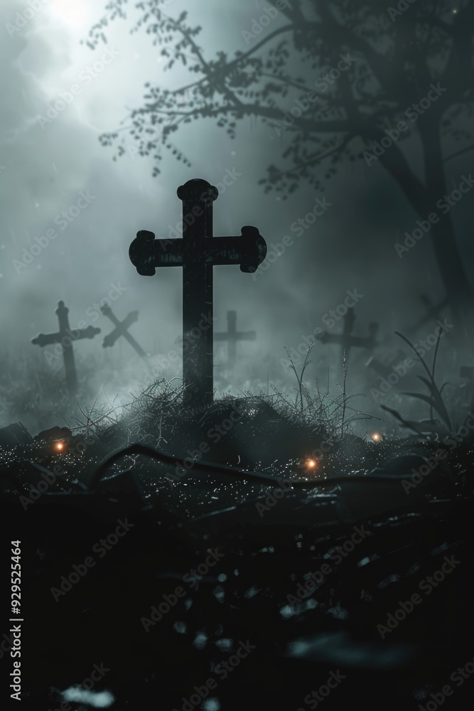 A cemetery with a cross in the middle A cemetery with a cross in the middle