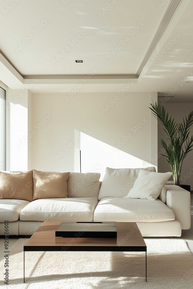 Fototapeta premium Minimalist Living Room with Beige Decor and Coffee Table