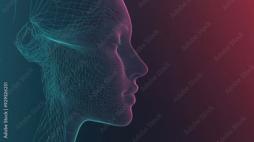 Digital Wireframe of Human Face in Profile View with Neon Colors on Dark Background Digital Wireframe of Human Face in Profile View with Neon Colors on Dark Background