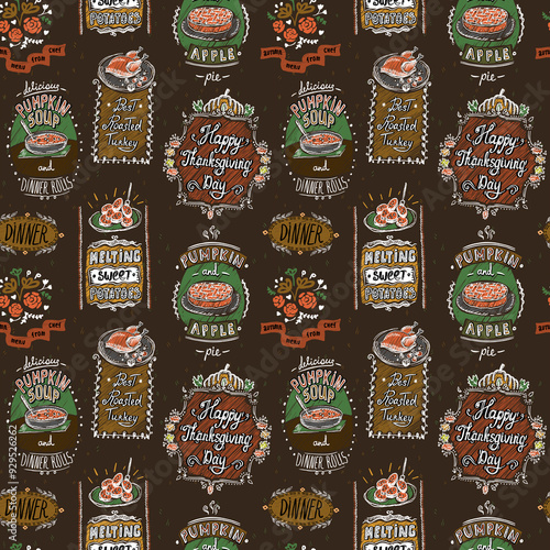 Thanksgiving day holiday seamless pattern graphic design with traditional menu dishes