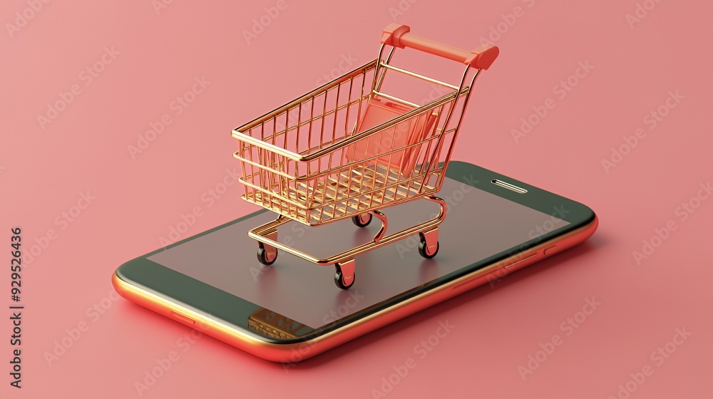 A shopping cart on a smartphone, symbolizing online shopping and e-commerce. A shopping cart on a smartphone, symbolizing online shopping and e-commerce.
