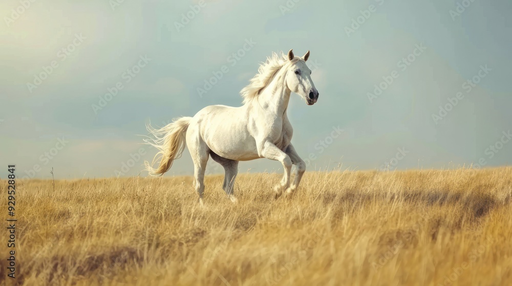 Obraz premium White Horse Running Through a Golden Field