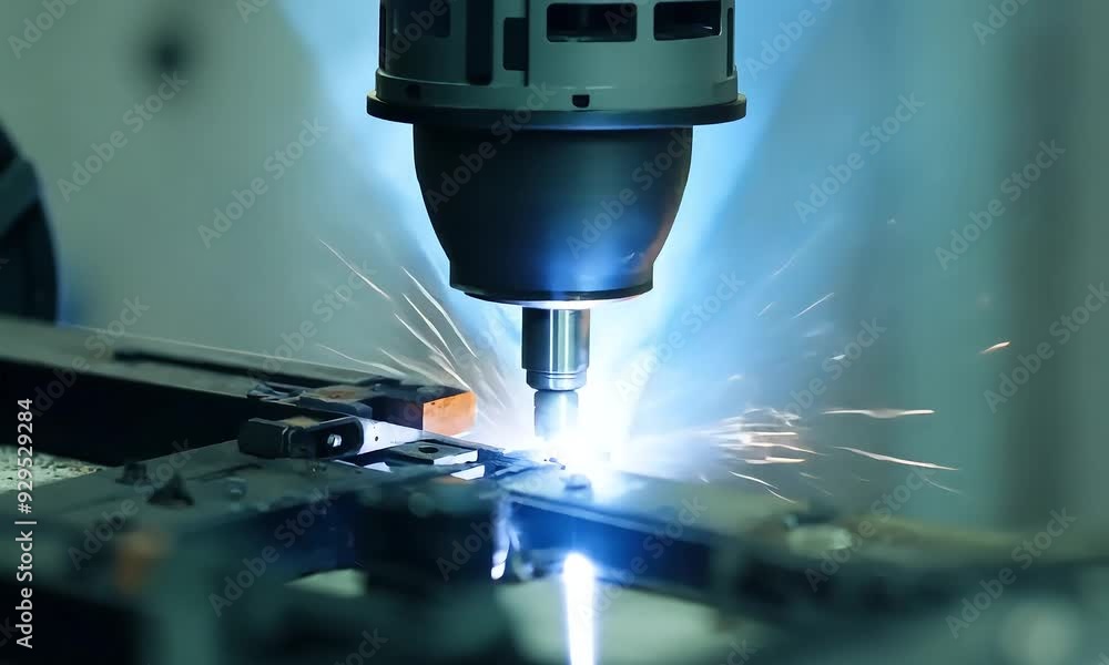 A welding machine in operation, producing sparks during metal fabrication. A welding machine in operation, producing sparks during metal fabrication.