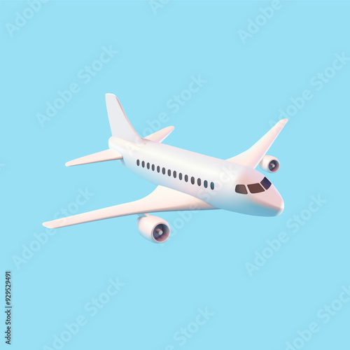 The white realistic passenger plane, 3D. For concepts of commercial passenger transportation, travel, business trips, and delivery of goods. The banner is on a blue background. Vector