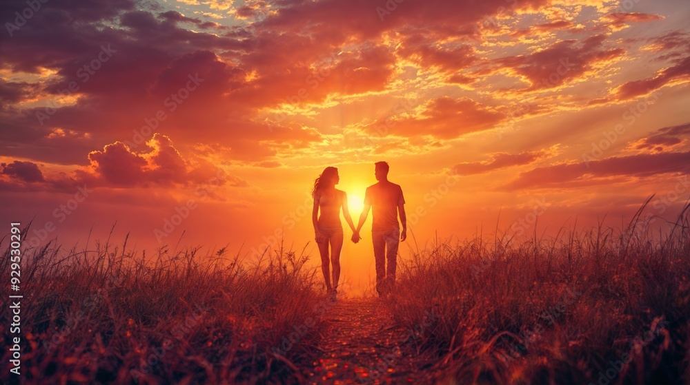 Couple holding hands, walking into a vibrant orange sunset, surrounded by tall grass Couple holding hands, walking into a vibrant orange sunset, surrounded by tall grass