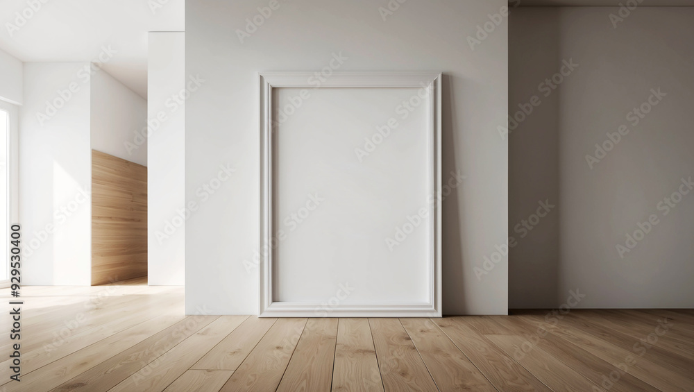 mock-up of a white frame on the wall of a minimalist room with a wooden floor mock-up of a white frame on the wall of a minimalist room with a wooden floor